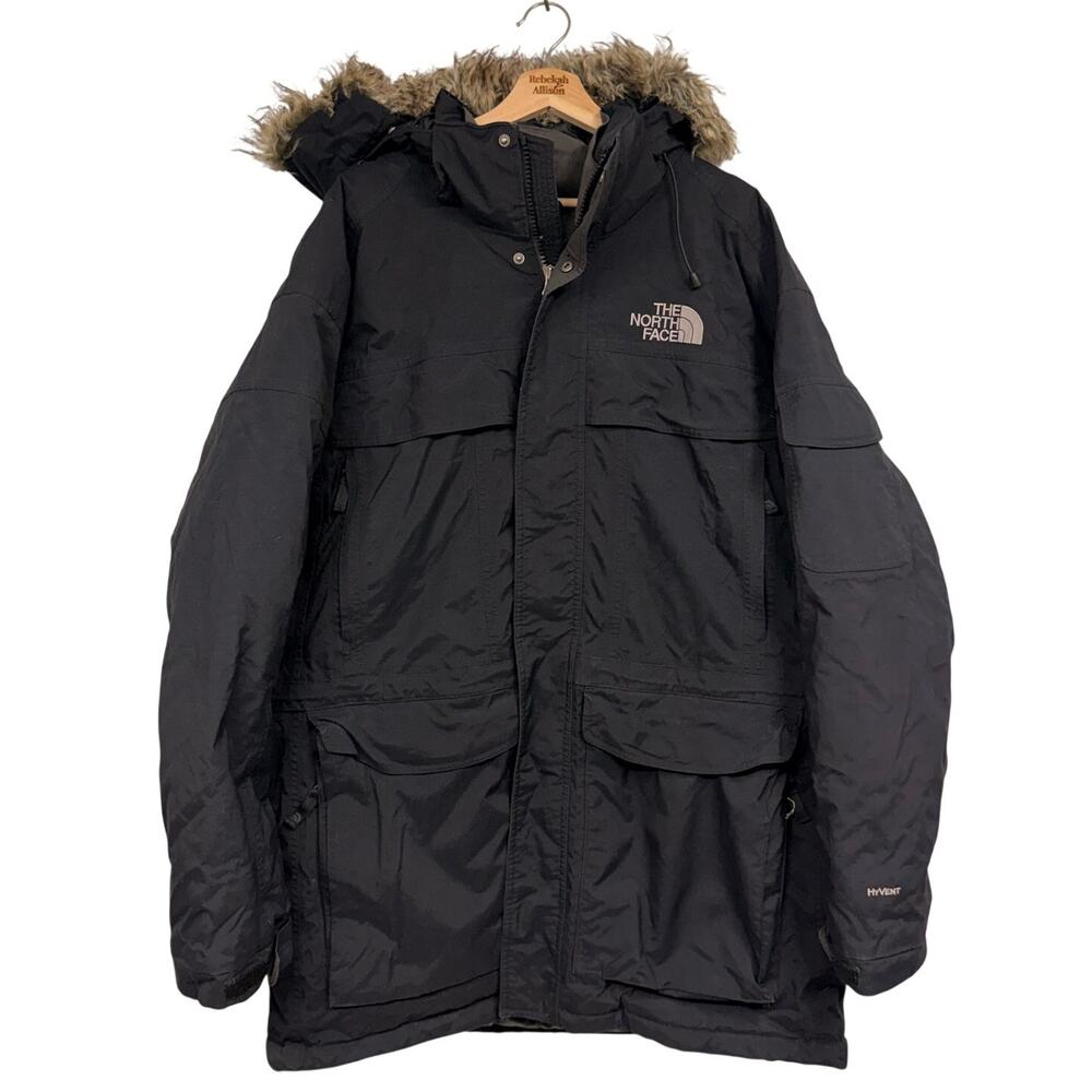 VTG North Face Men McMurdo Goose Down Parka SZ XL Hooded HyVent Black Jacket Fur